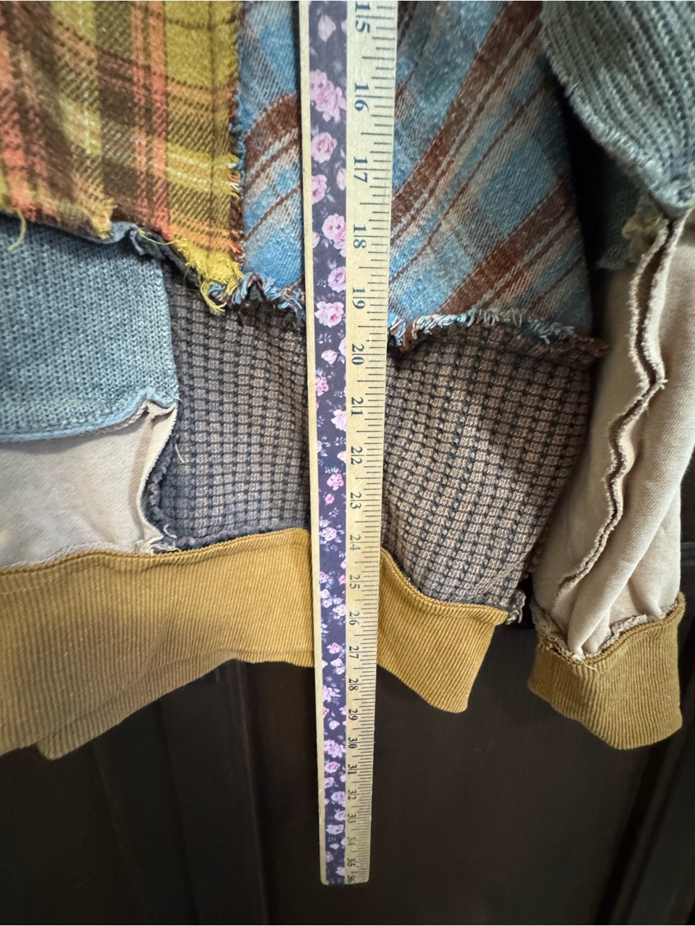 Oli & Hali Patchwork Plaid Pieced Mixed Texture Pullover Sweatshirt Yellow Multi - Picture 9 of 9